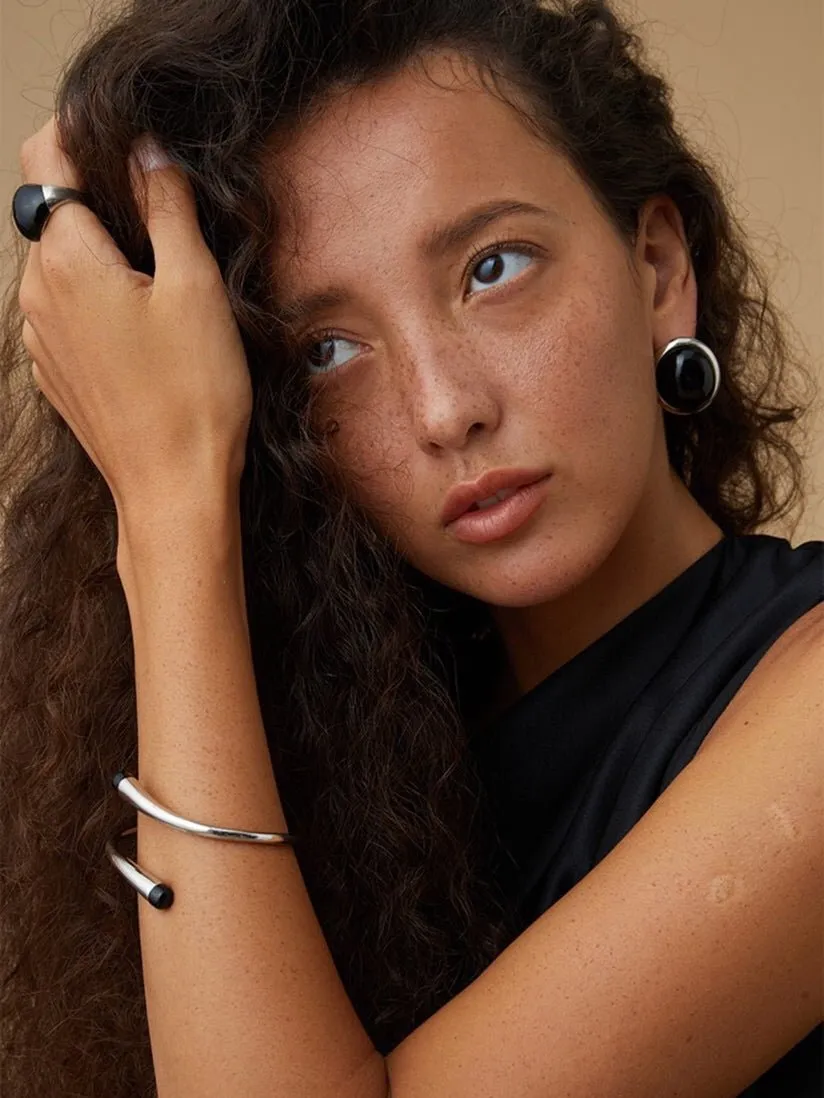 Oval Stud Earrings: White Mother-of-Pearl, Black Agate, Wood Grain Stone