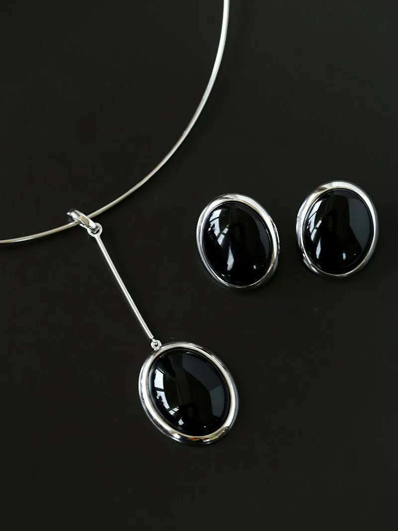 Oval Stud Earrings: White Mother-of-Pearl, Black Agate, Wood Grain Stone