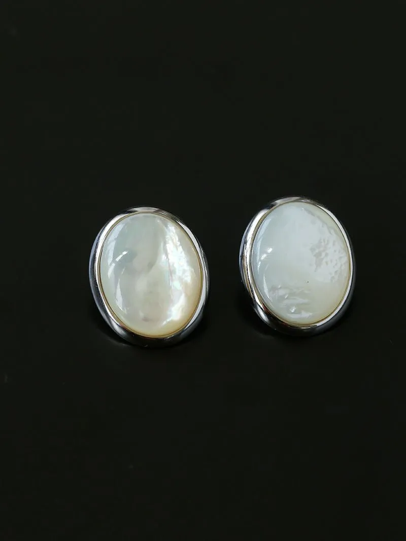 Oval Stud Earrings: White Mother-of-Pearl, Black Agate, Wood Grain Stone