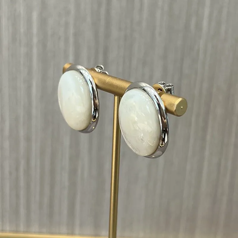 Oval Stud Earrings: White Mother-of-Pearl, Black Agate, Wood Grain Stone