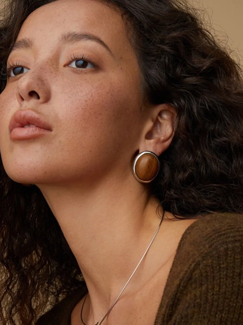 Oval Stud Earrings: White Mother-of-Pearl, Black Agate, Wood Grain Stone