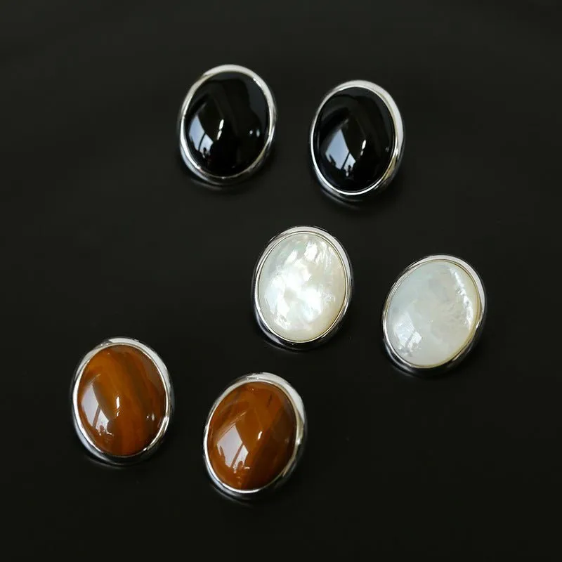 Oval Stud Earrings: White Mother-of-Pearl, Black Agate, Wood Grain Stone
