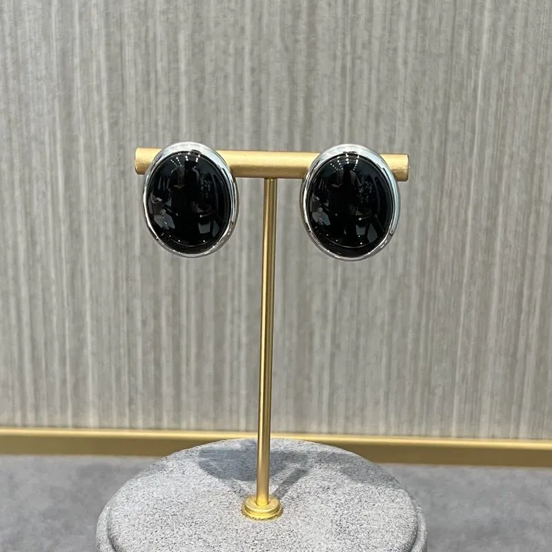 Oval Stud Earrings: White Mother-of-Pearl, Black Agate, Wood Grain Stone