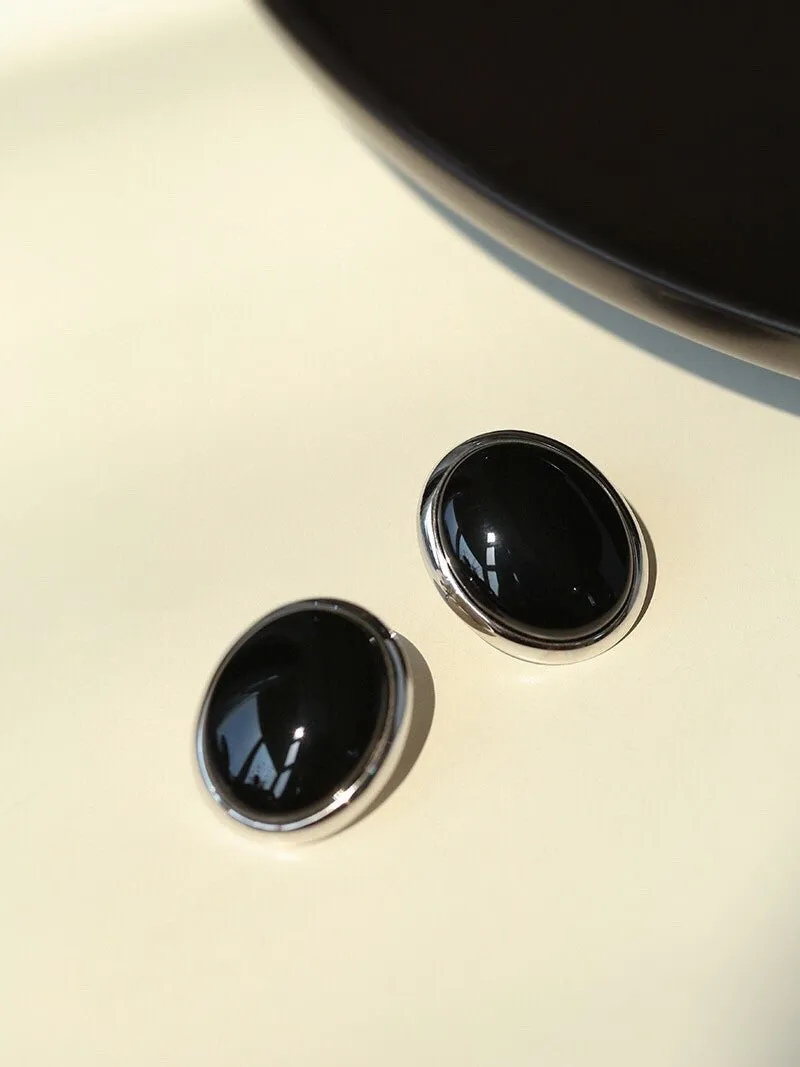 Oval Stud Earrings: White Mother-of-Pearl, Black Agate, Wood Grain Stone