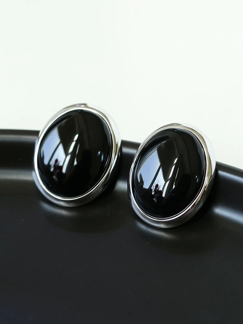 Oval Stud Earrings: White Mother-of-Pearl, Black Agate, Wood Grain Stone