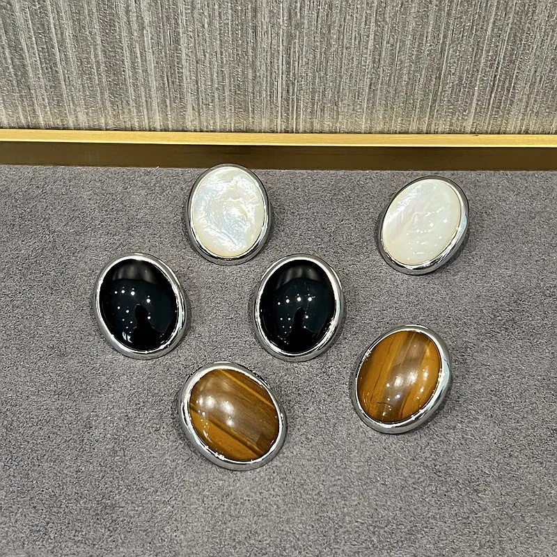 Oval Stud Earrings: White Mother-of-Pearl, Black Agate, Wood Grain Stone