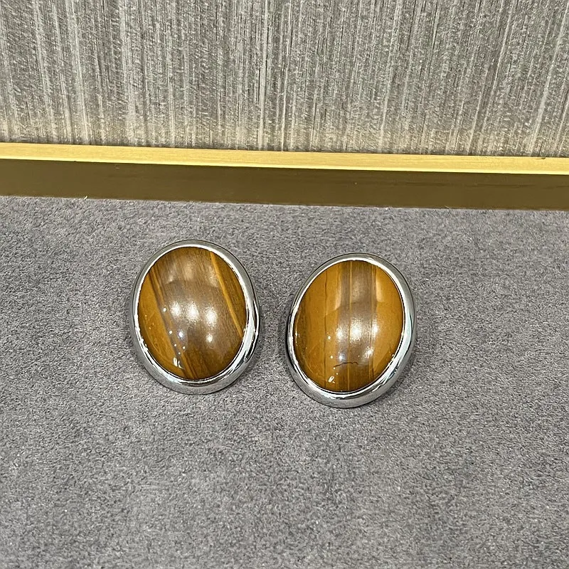 Oval Stud Earrings: White Mother-of-Pearl, Black Agate, Wood Grain Stone