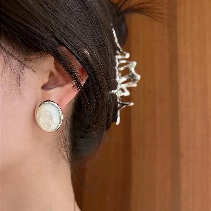 Oval Stud Earrings: White Mother-of-Pearl, Black Agate, Wood Grain Stone