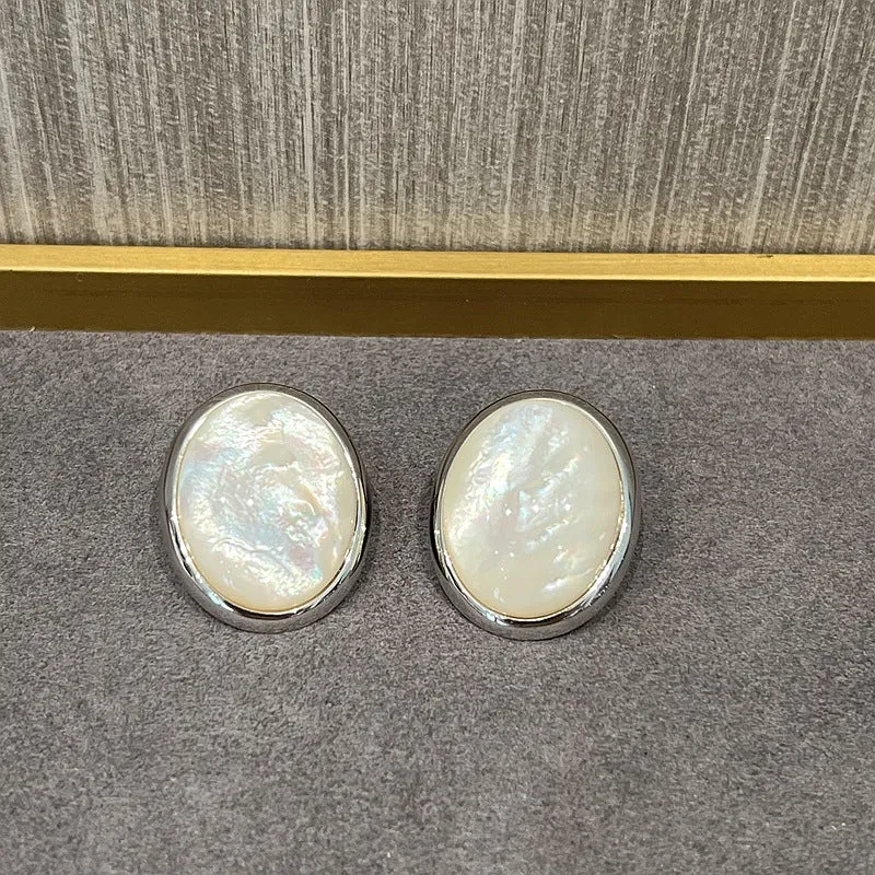 Oval Stud Earrings: White Mother-of-Pearl, Black Agate, Wood Grain Stone