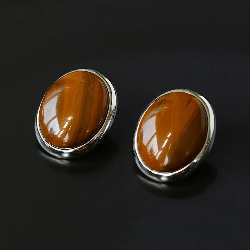 Oval Stud Earrings: White Mother-of-Pearl, Black Agate, Wood Grain Stone