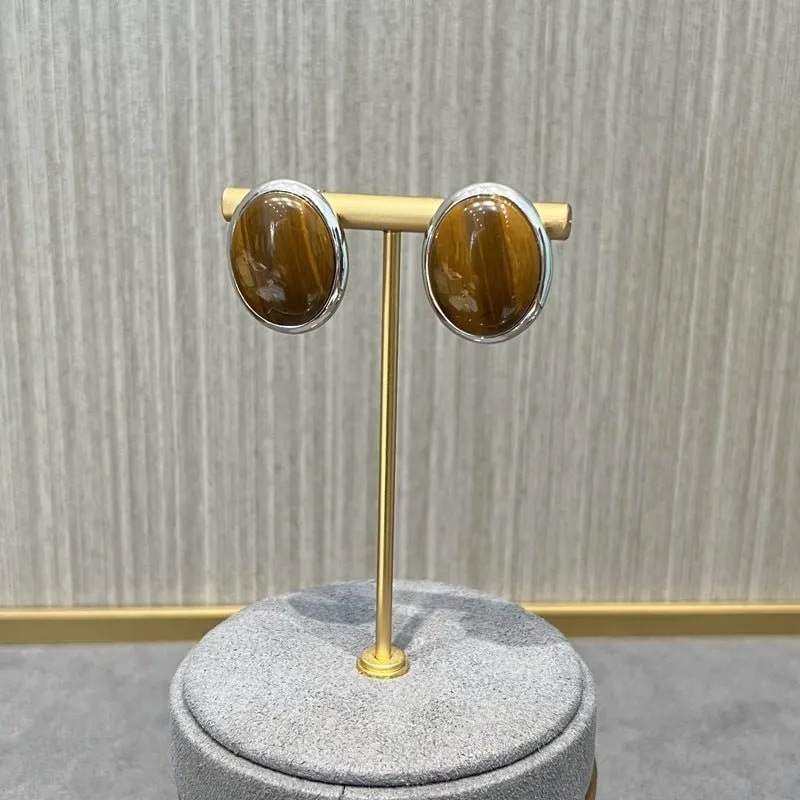 Oval Stud Earrings: White Mother-of-Pearl, Black Agate, Wood Grain Stone
