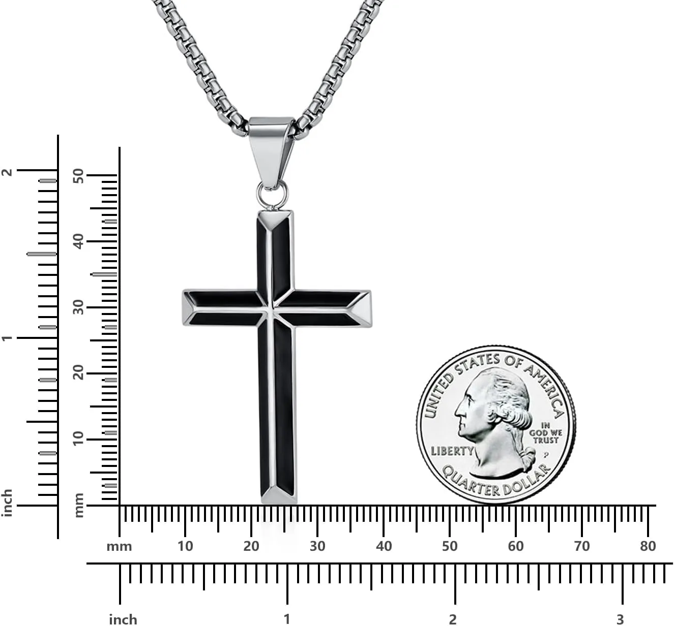 Rnivida Cross Necklace for Men, Silver Black Stainless Steel Beveled Edge Cross Pendant Necklace for Men