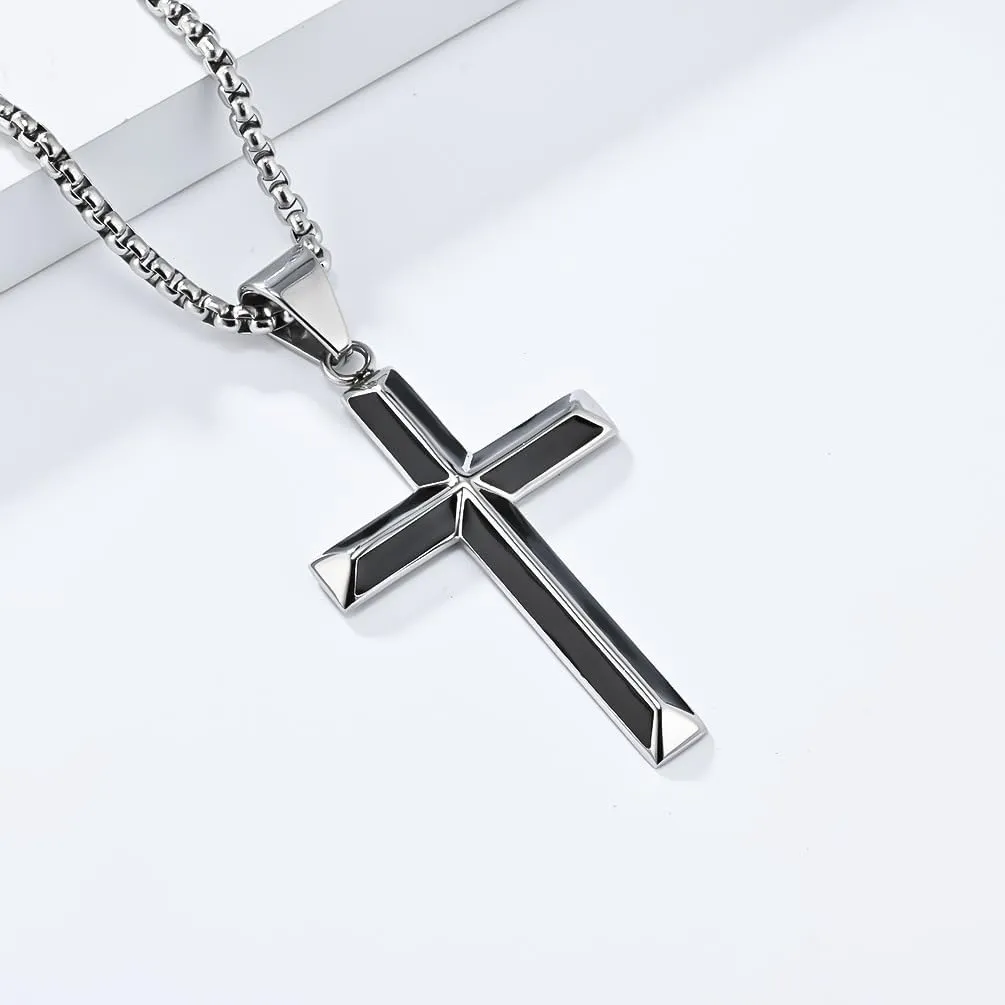 Rnivida Cross Necklace for Men, Silver Black Stainless Steel Beveled Edge Cross Pendant Necklace for Men