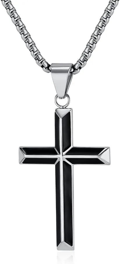 Rnivida Cross Necklace for Men, Silver Black Stainless Steel Beveled Edge Cross Pendant Necklace for Men