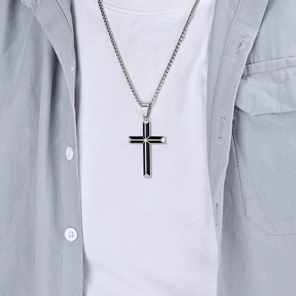 Rnivida Cross Necklace for Men, Silver Black Stainless Steel Beveled Edge Cross Pendant Necklace for Men