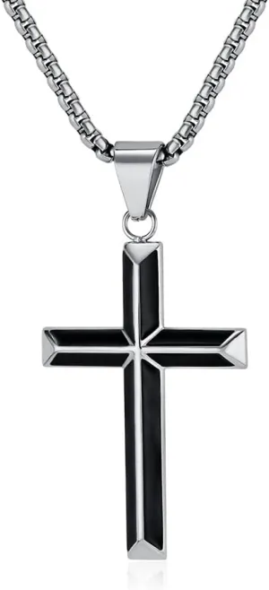 Rnivida Cross Necklace for Men, Silver Black Stainless Steel Beveled Edge Cross Pendant Necklace for Men