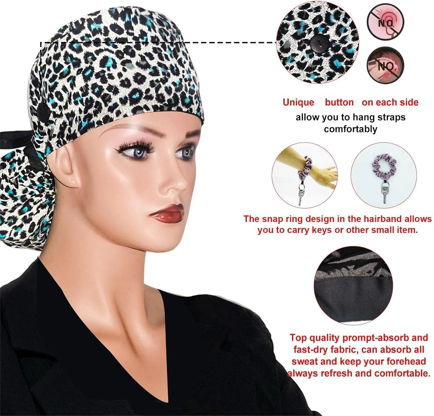 Scrub Cap with Silky Inner - Cotton Hat with Sweatband and Buttons, Adjustable Tie Back Ponytail(Randomly Provide Hair Ring)