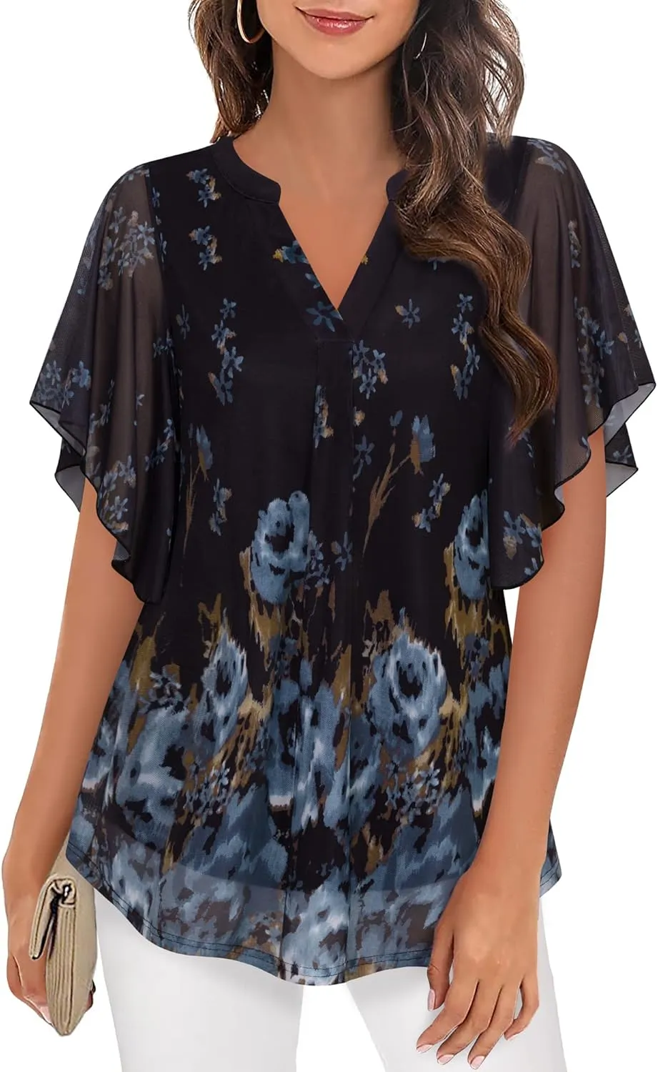 Timeson Women's Short Sleeve V Neck Blouses Shirts Floral Double Layers Mesh Tunics Tops
