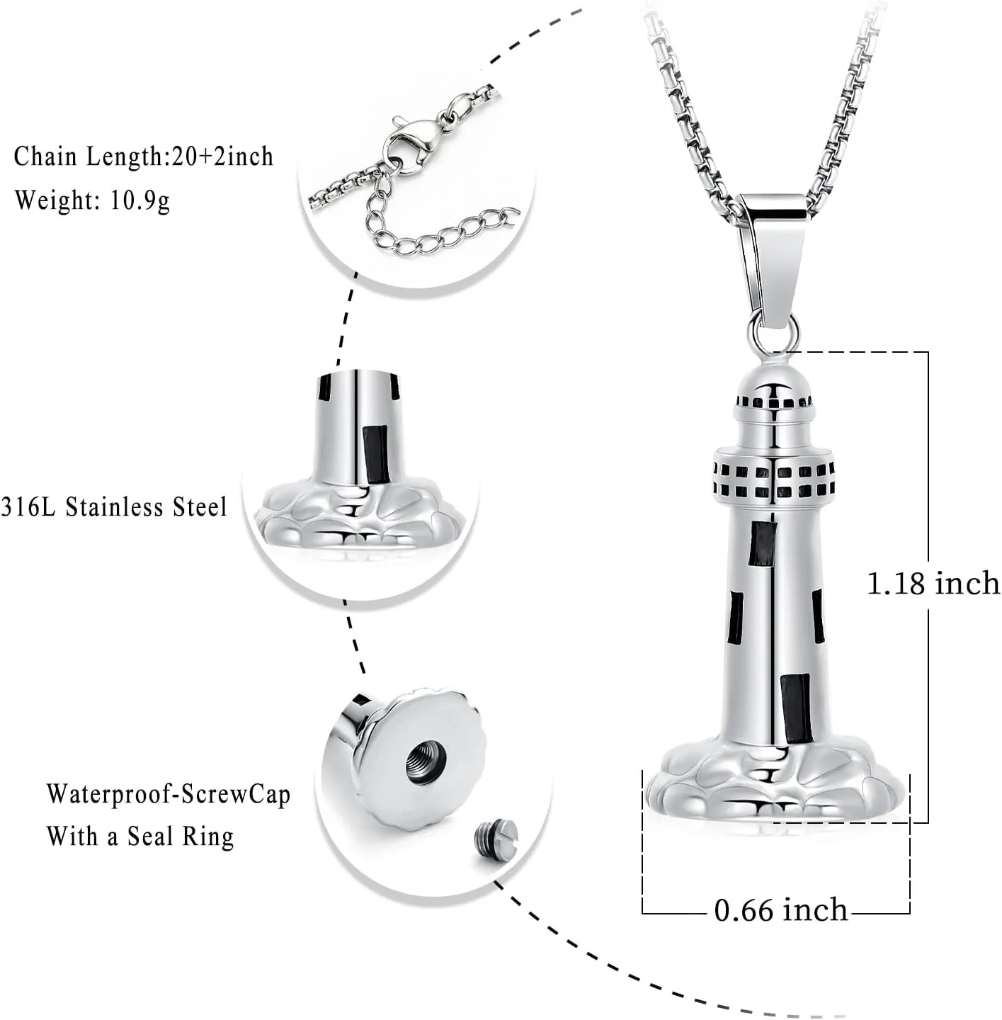Urn Necklace for Ashes Men's Cremation Jewelry Lighthouse Memorial Urn Necklace For Loves One Ashes Holder with Filling Kits
