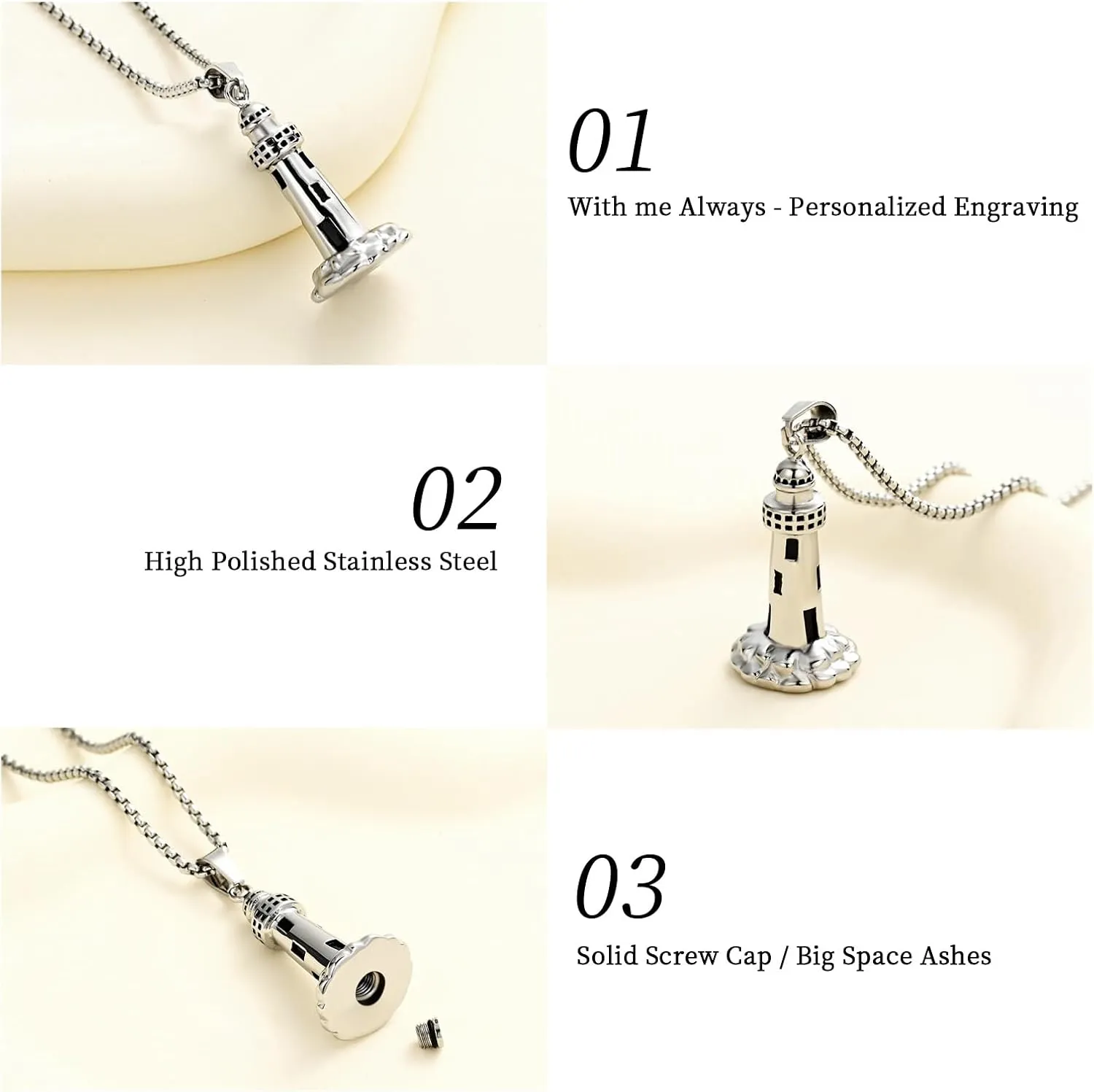 Urn Necklace for Ashes Men's Cremation Jewelry Lighthouse Memorial Urn Necklace For Loves One Ashes Holder with Filling Kits