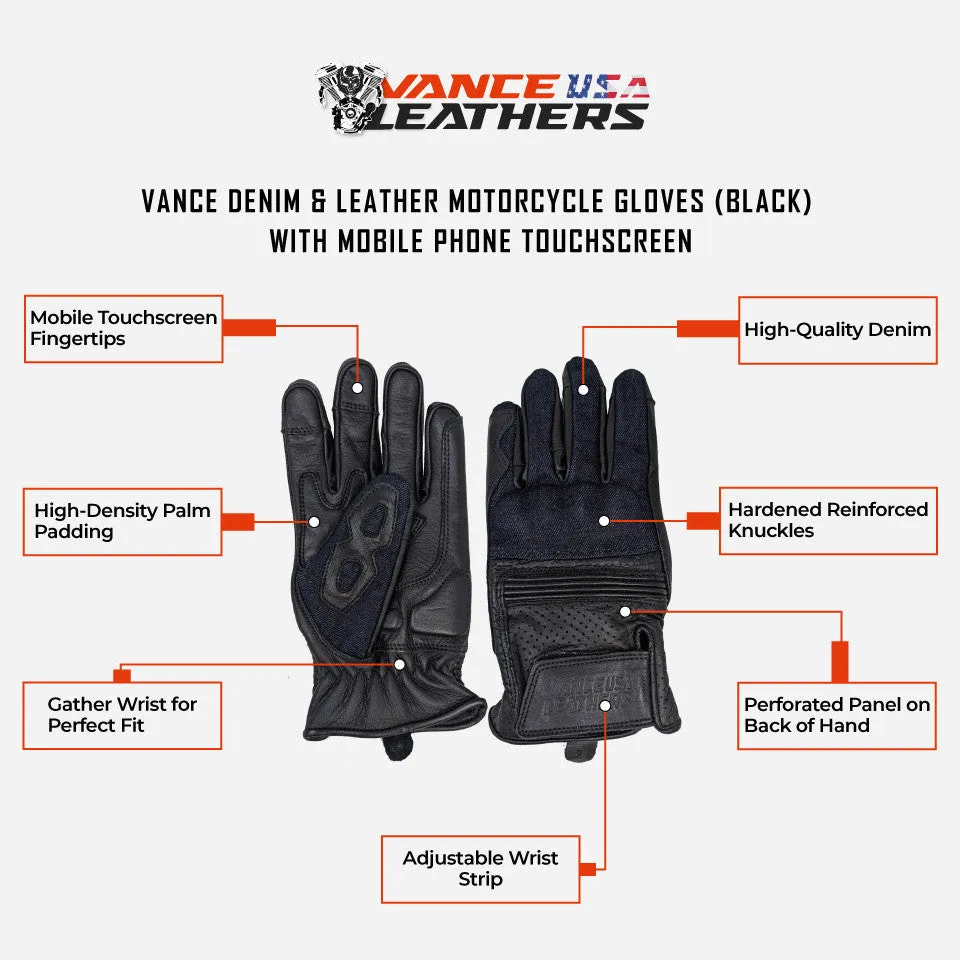 Vance Denim & Leather Motorcycle Gloves (Black) with Mobile Phone Touchscreen