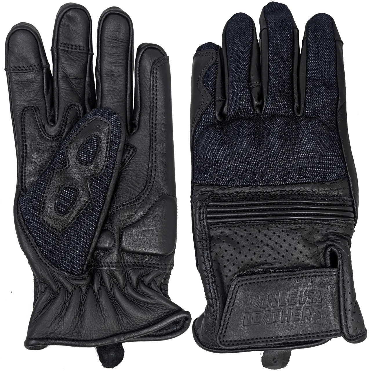 Vance Denim & Leather Motorcycle Gloves (Black) with Mobile Phone Touchscreen