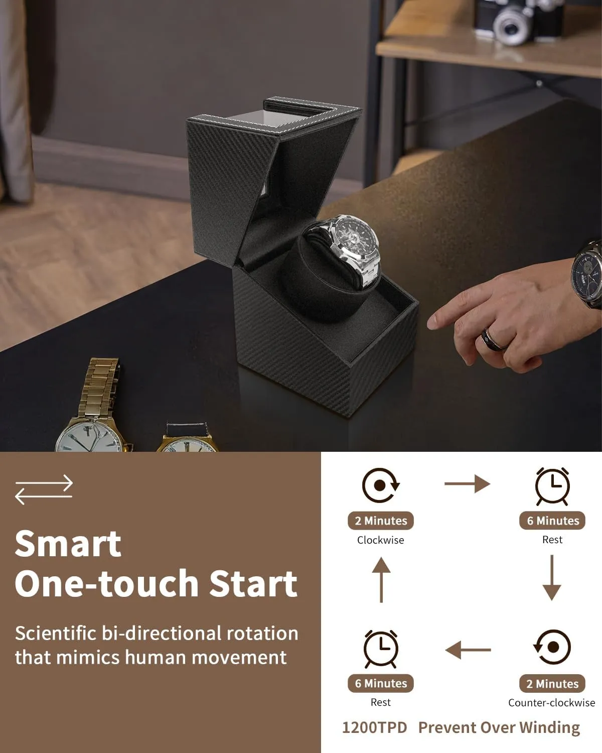Watch Winder for Automatic Watches: Automatic Single Watch Winder Box, Rotating Watch Case in Black Carbon Fiber Leather, Watch Rotator with Japanese Quiet Motor, Battery Powered or AC Adapter