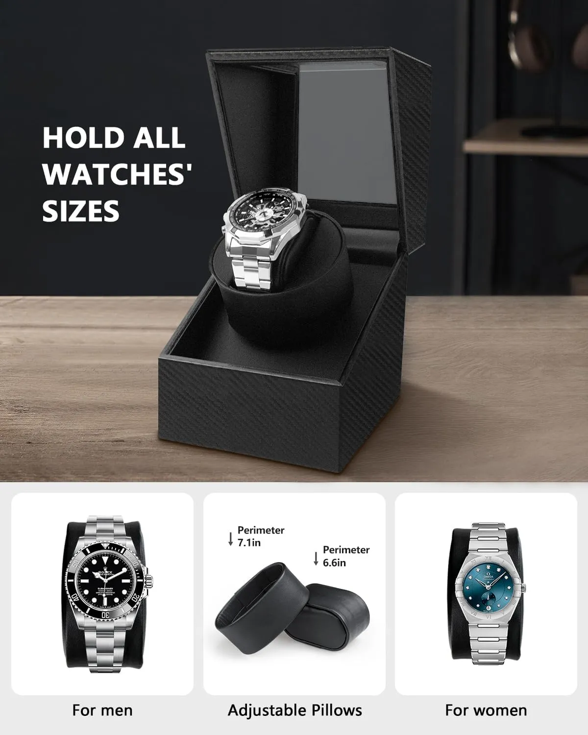 Watch Winder for Automatic Watches: Automatic Single Watch Winder Box, Rotating Watch Case in Black Carbon Fiber Leather, Watch Rotator with Japanese Quiet Motor, Battery Powered or AC Adapter