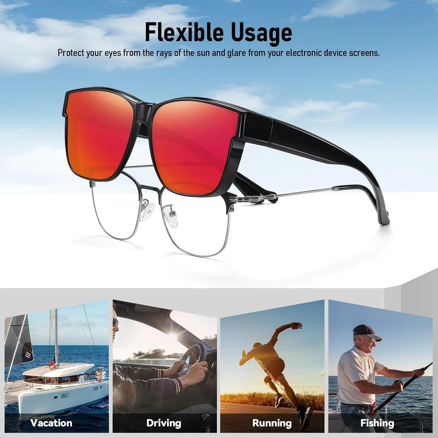Wzerry Polarized Fit Over Glasses Sunglasses, Wear Over Sunglasses Wrap Around Shades for Men Women UV400 Pretection