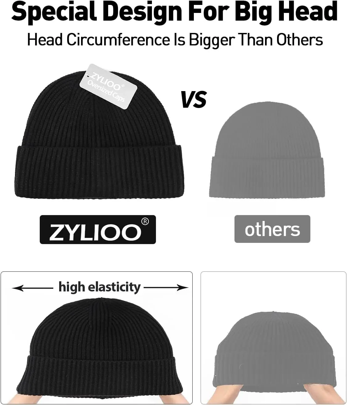 Zylioo XXL Brimless Beanie Hats,Large Knitted Trawler Skull Cap,Winter Stretchy Docker Cap,Warm Rolled Cuff Harbour Hat
