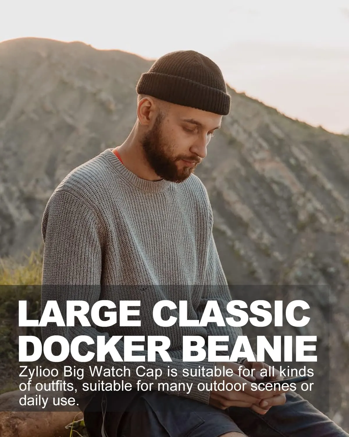 Zylioo XXL Brimless Beanie Hats,Large Knitted Trawler Skull Cap,Winter Stretchy Docker Cap,Warm Rolled Cuff Harbour Hat